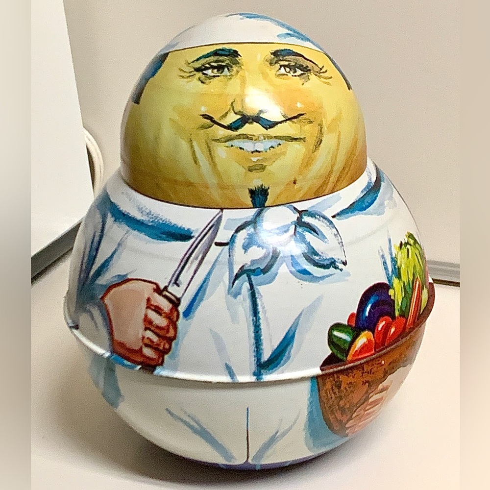 Vintage 1980 Bristol Ware Roly Poly Rotund Fat French CHEF Lidded Storage Tin
